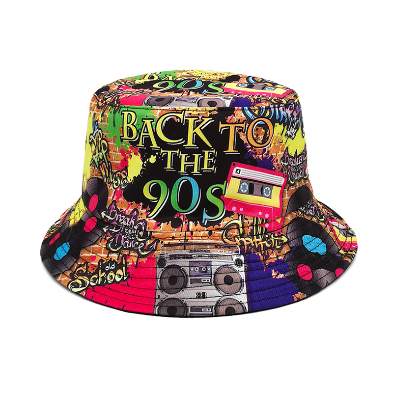 Chapeau de pêcheur à motif de ruban adhésif rétro nostalgique européen et américain des années 80 et 90 pour femme, chapeau de protection solaire d'extérieur double face pour printemps et été_voghion.com