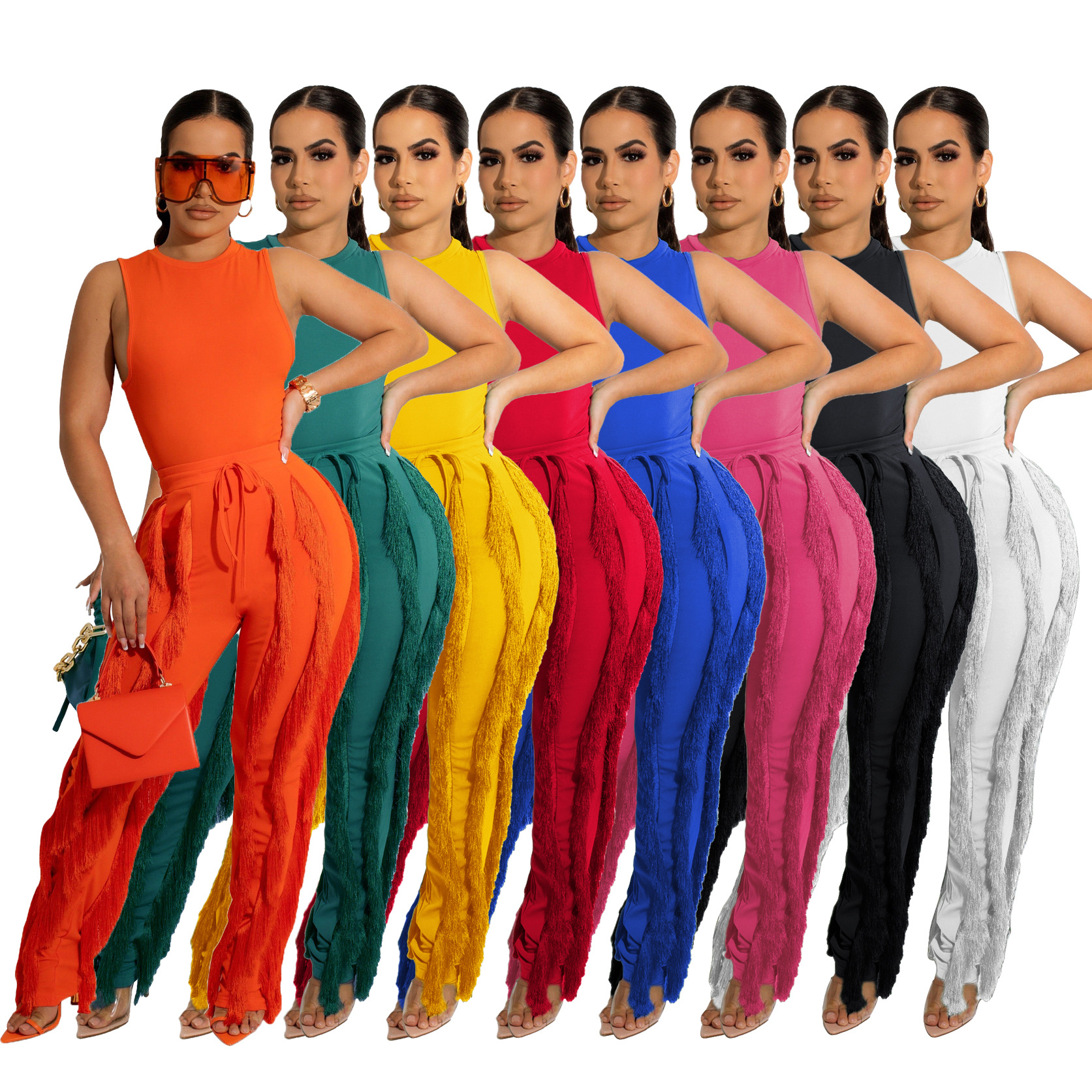 AL220 Amazon European and American Women's Two-Piece Tassel Trousers Sleeveless Casual Suit Lace Summer Sexy