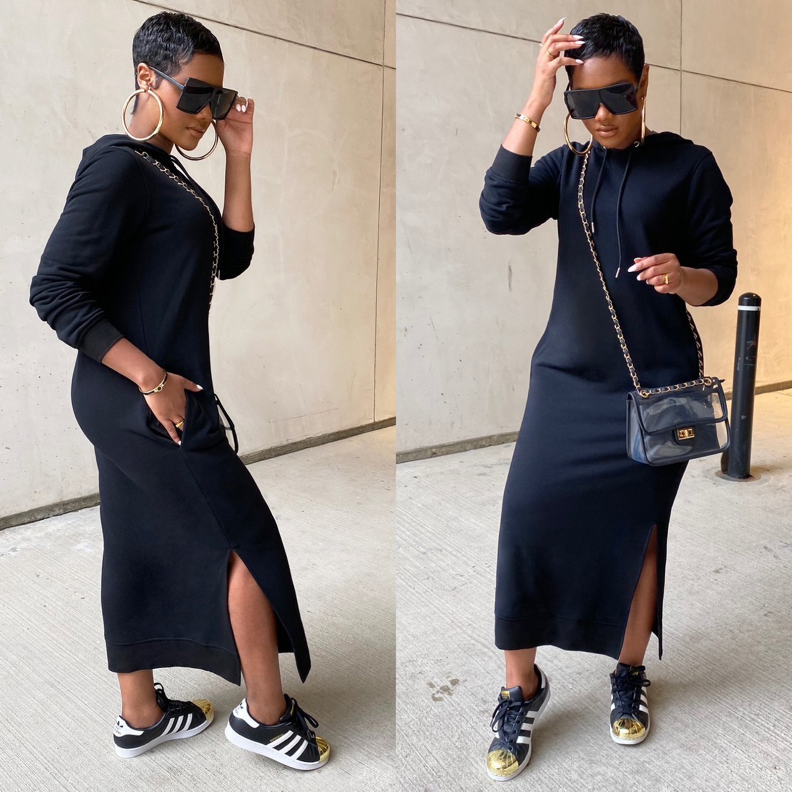 10064 European and American Women's Fashion Casual Solid Color Hooded Sweater Solid Color Dress