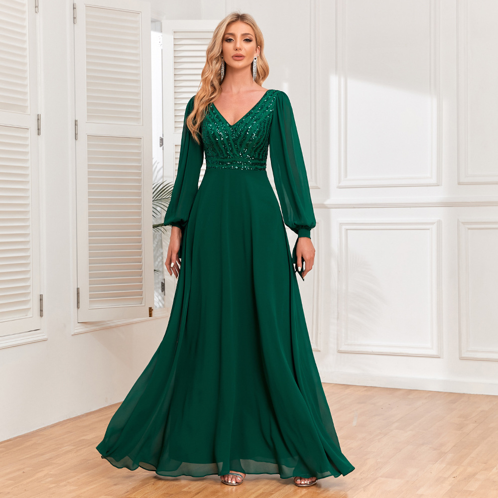 New long sleeve lace-up high quality pairs V-neck sequin stitching chiffon A- line large swing full lining party evening dress