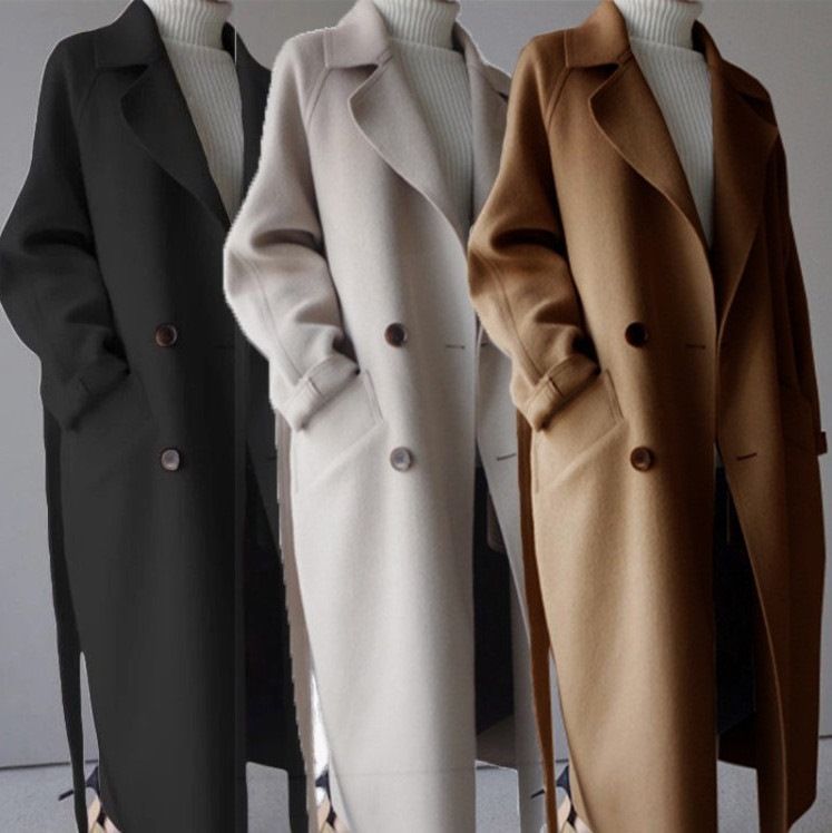 Cappotto di lana sopra il ginocchio stile Harajuku lungo e aderente in vita di Waitmore, in lana beige di media lunghezza, nuovo inverno 2023_voghion.com