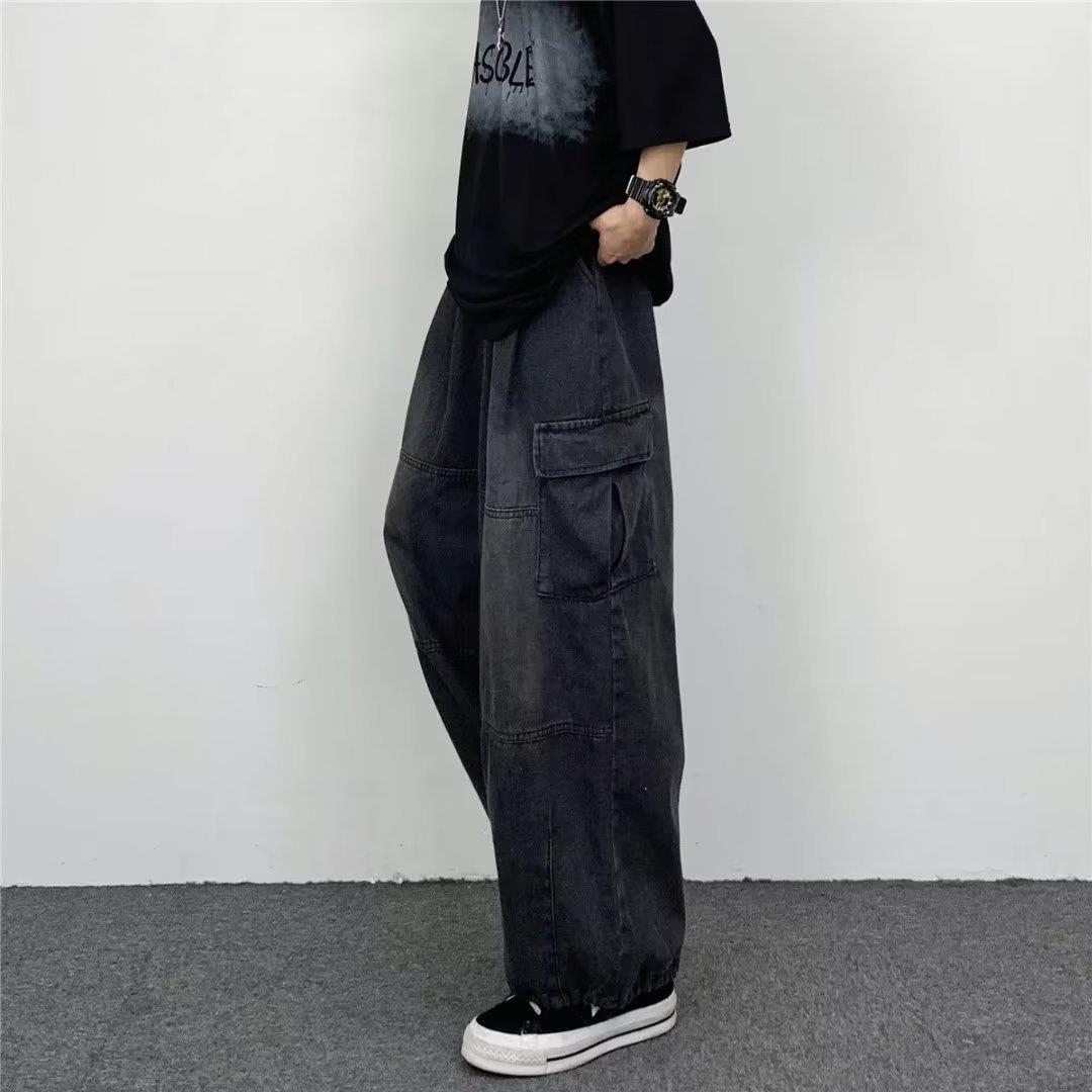 Trendy Brand Hong Kong Style Retro Draping Loose Wide Leg Casual Large Pocket Workwear Denim Washed New Torre Pants for Men and Women