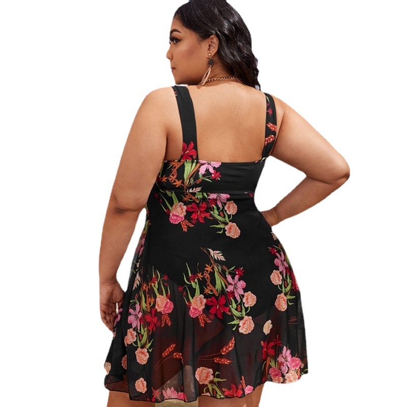 2023 European and American cross-border New plus size women's one-piece bikini skirt mesh printed loose conservative swimsuit