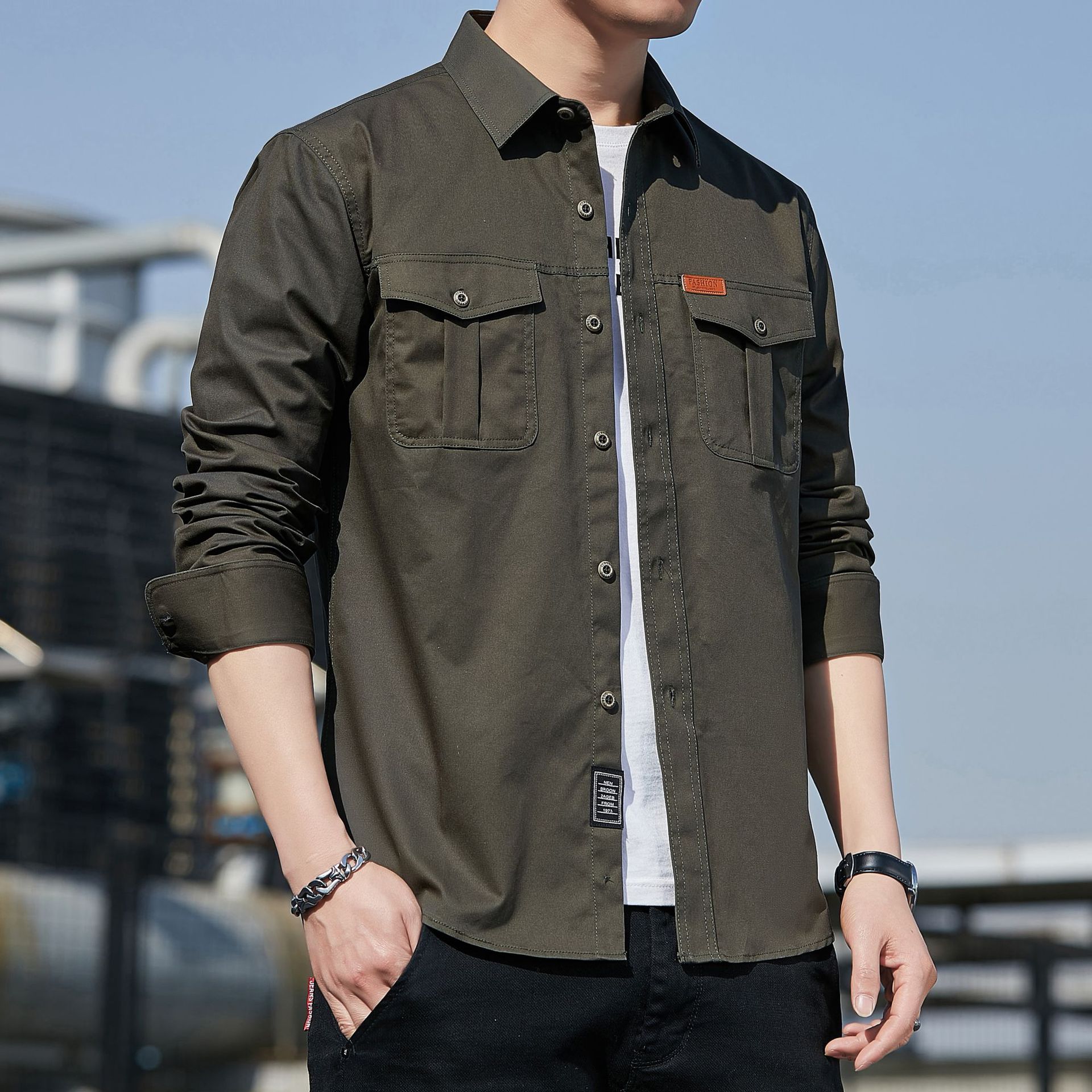 2023 Cotton Washed Men's Casual Double Bag Shirt Long Sleeve Spring and Autumn Youth Casual Square Collar Shirt Work Wear