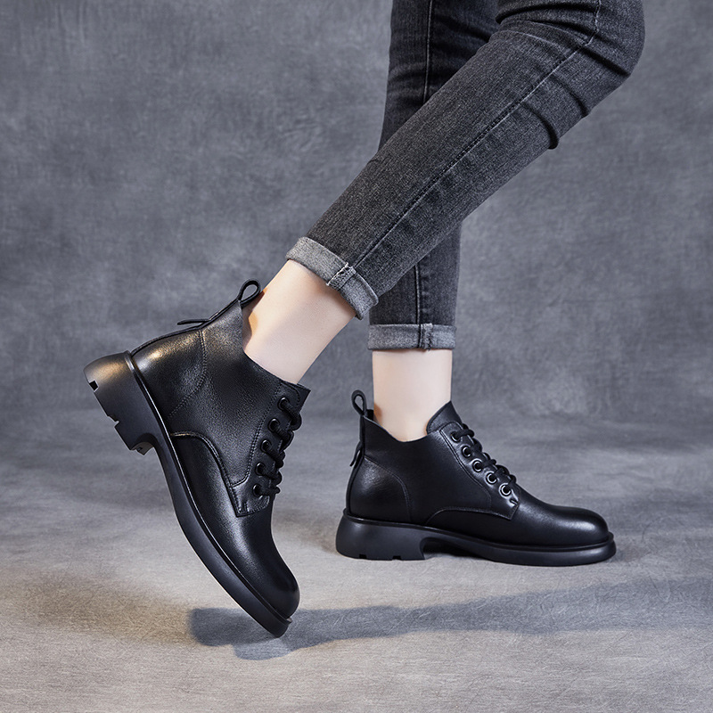Genuine Leather British Martin Boots Women's V-Mouth Lace-Up Short Boots 2023 Spring and Autumn New Lace-Up Ankle Thin Boots Women's Boots