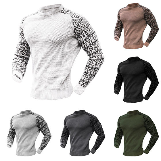 Cross-border foreign trade high-quality 2023 Autumn New waffle printing men's pullover base color matching sweater in stock