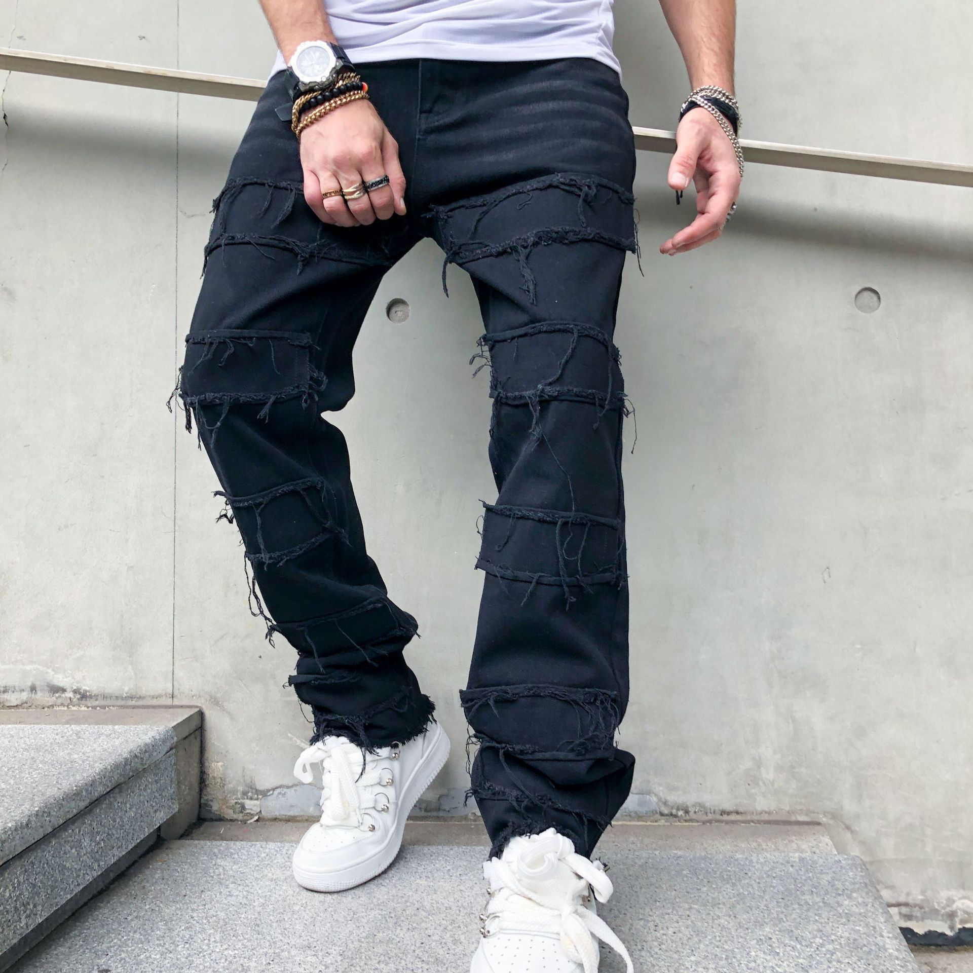 2023 cross-border foreign trade retro casual jeans men's American-style black loose trousers high street wide-leg pants self-shot picture