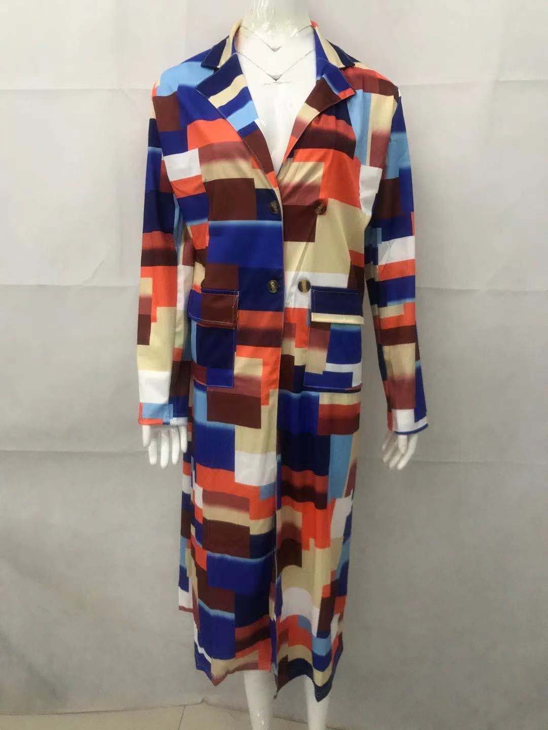 Autumn and winter New trench coat cross-border European and American plus size plaid printed double-breasted lapel coat coat women's coat_voghion.com