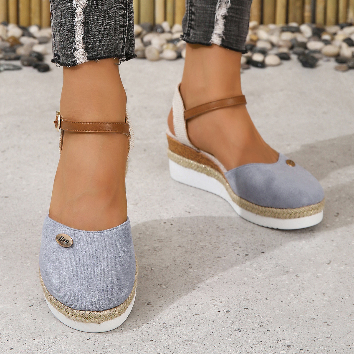 Spot Cross-border Foreign Trade Large Size Color-matching Baotou Rear Empty Sandals Wedge Heeled Lightweight Hemp Rope Buckle Women's Shoes Cool Thick Sole