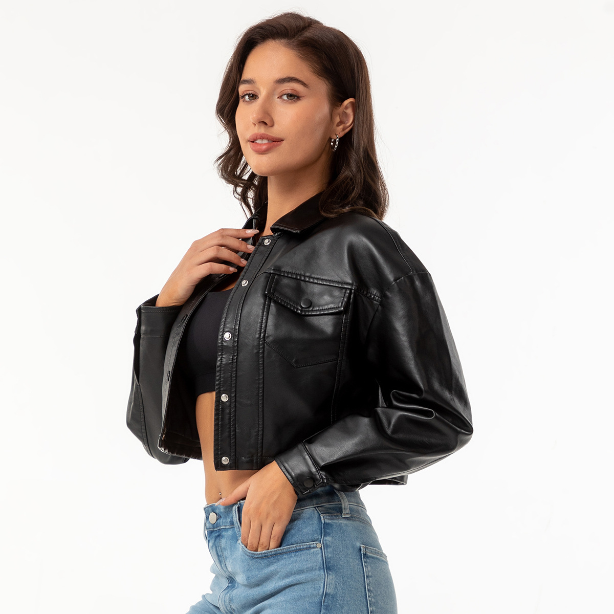 2024 Spring and Autumn New Loose Casual Leather Women's Long-sleeved Single-breasted Women's Short Jacket Lapel European and American Fashion
