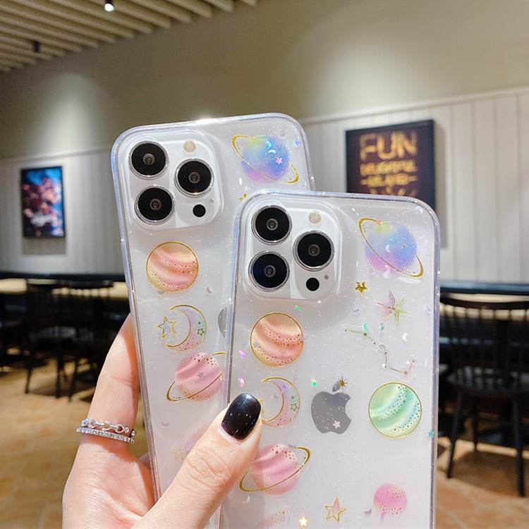 Suitable for iphone16 Phone Case Creative Planet Transparent Sequin Glue Dropping All-inclusive New S25Ultra Protective Case