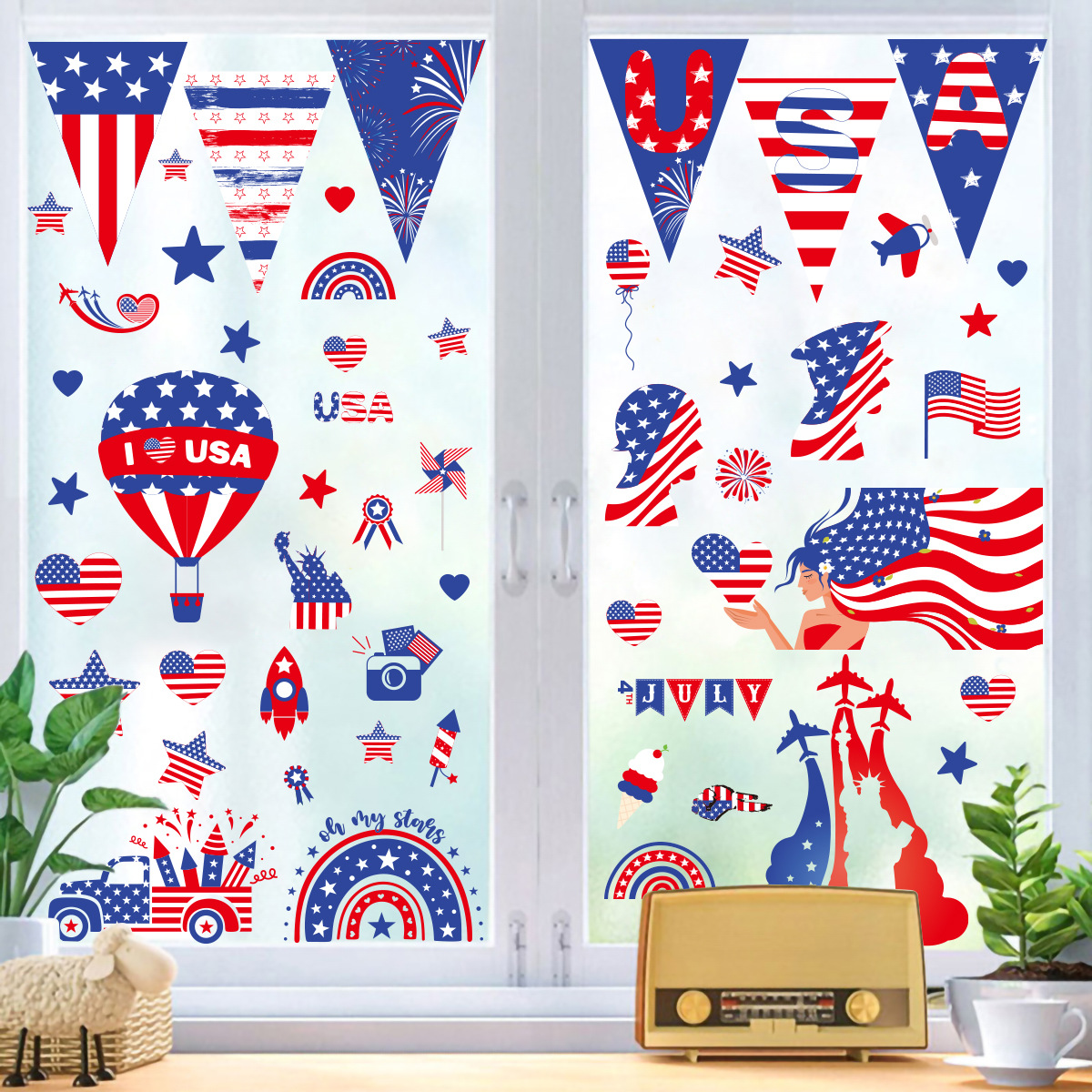 2023 Amazon USA Independence Day Sticker Party Party Double Sided Static Electric Window Decoration Removable Wall Sticker