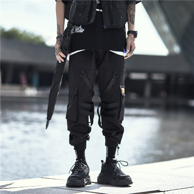 National fashion dark functional style overalls men's fashion brand loose trendy umbrella tactical multi-pocket ribbon ankle-tied pants