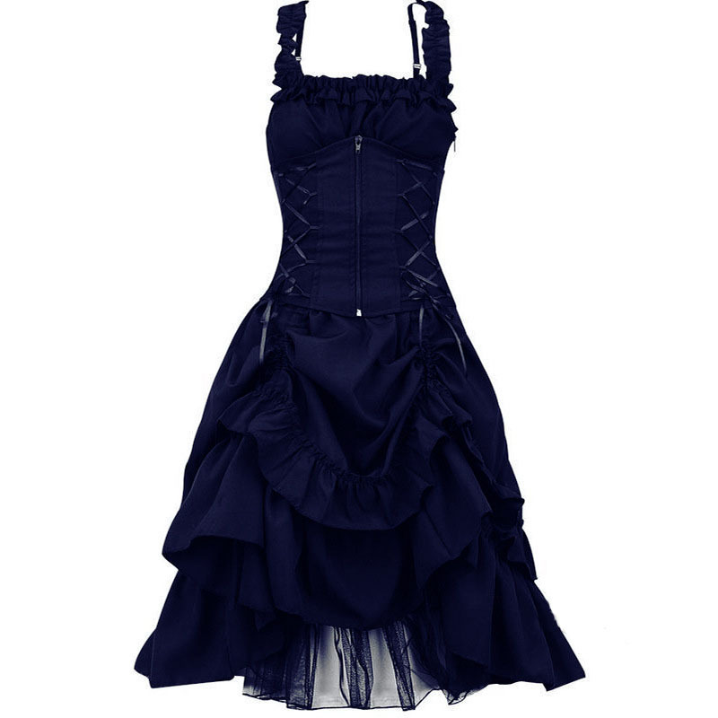 European and American Lolita cos Gothic Prom Dress Slim-Fit Irregular Tie Waist Lace Dress