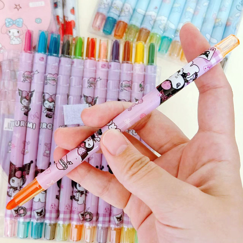 サンリオクレヨン12色可爱いクロミ子供ギフト絵画ペン回転クレヨン油絵スティックロングタイプクレヨン|undefined