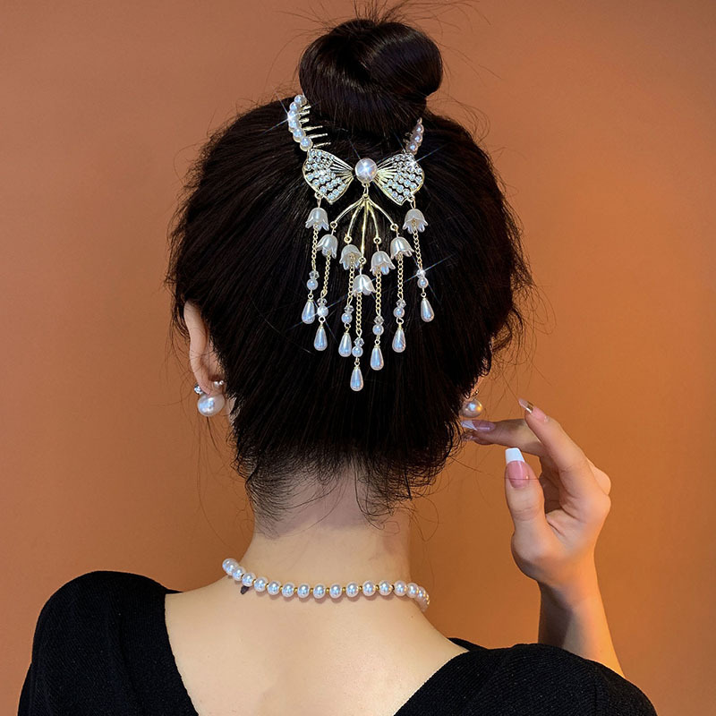 Super fairy Camellia tassel hairpin female high-grade sense back Head Ball head updo artifact temperament hair clip headdress summer_voghion.com