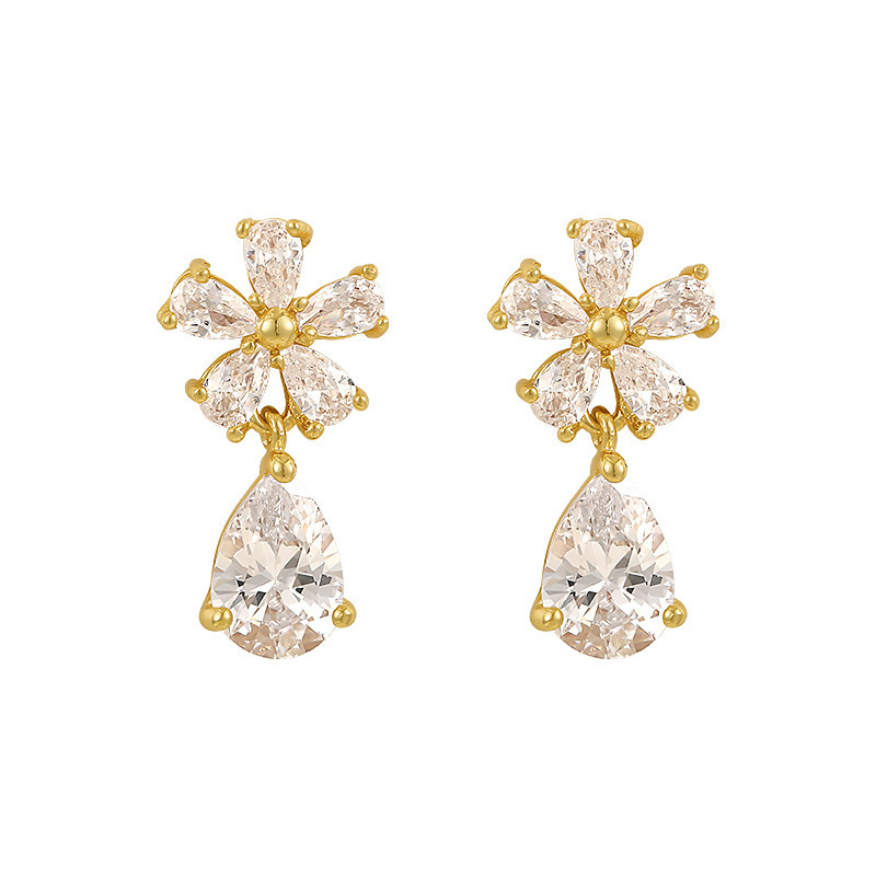 S925 silver needle water drop crystal flower earrings female temperament niche light luxury high-end design ear studs earrings wholesale