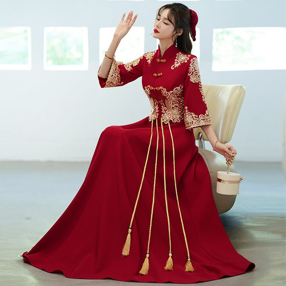 plus size Toast Dress Bride Summer Wedding Engagement Dress Chinese Xiuhe Dress wine red Long Toast Dress 2002