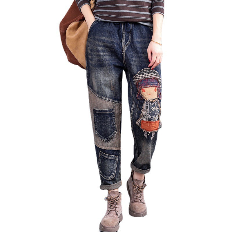 [Spot] loose jeans women's new elastic waist casual large size retro patch embroidery old harem pants