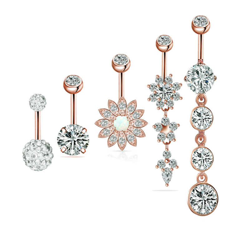 Hot selling 5 piece set stainless steel zircon diamond navel ring soft pottery ball Opal zircon combination set