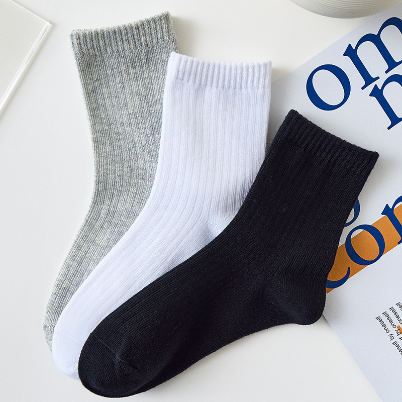 Children's black mid-calf length socks white student socks pure cotton medium and big children's socks spring and autumn summer boys' socks thin girls