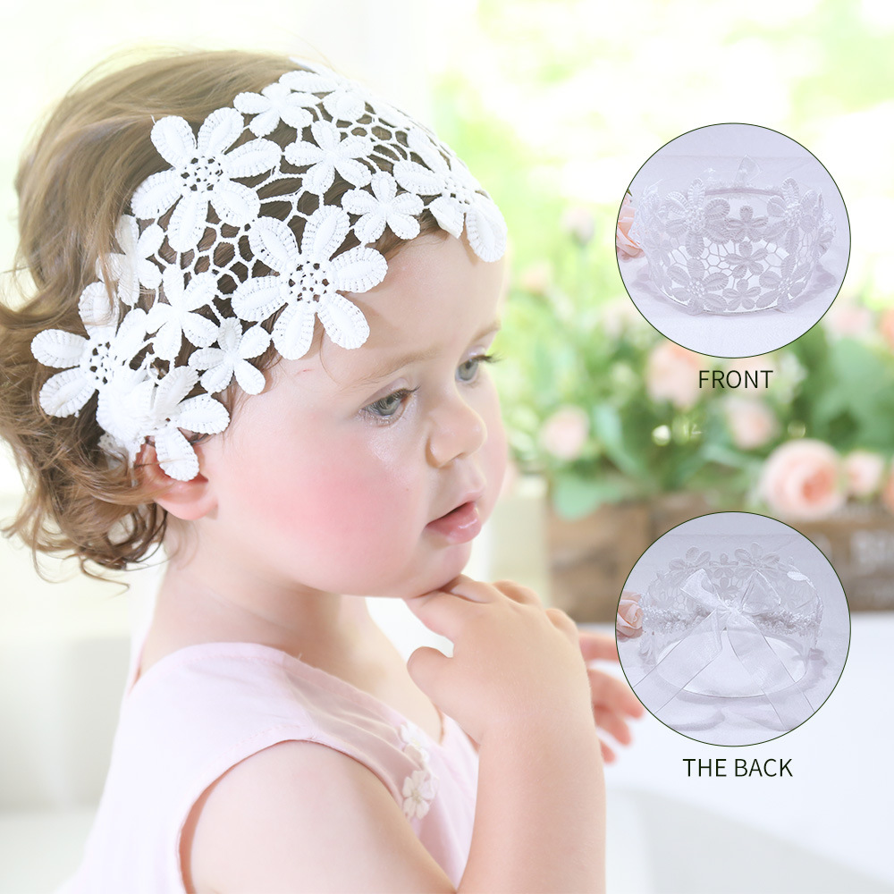 Children's White Lace Hair Band Female Baby's Hollow Flower Headband Bow Princess Hair Accessories Elastic Hair Band