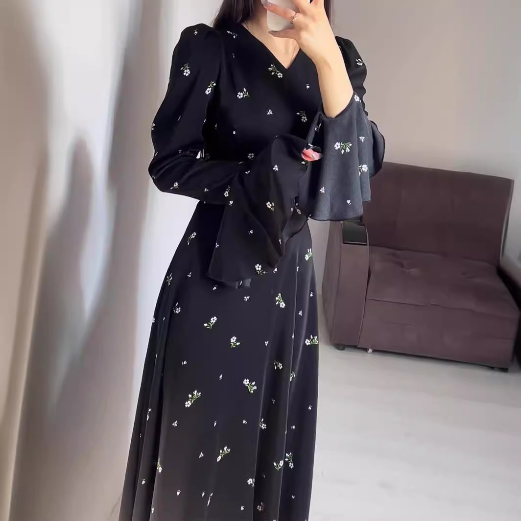 Middle East Amazon 2024 Spring New Lotus Leaf Sleeve Waist Floral Gentle Style Dress