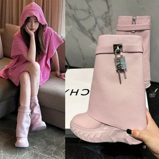 Yu Shuxin Same Style Boots Shark Boots 2023 New Inner Height Increasing Short Boots Women's Thick Bottom Metal Lock Trousers Boots for Women