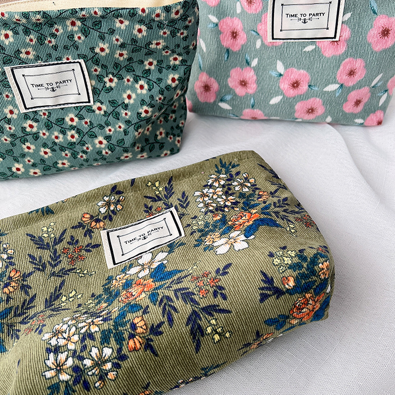 Vintage Corduroy Cosmetic Bag Flower Jacquard Fabric Storage Bag Travel Portable Storage Bag Wash Bag