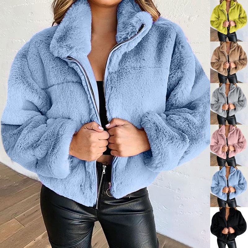  cross-border Amazon European and American clothing autumn and winter rabbit fur imitation fur zipper cardigan plush warm jacket