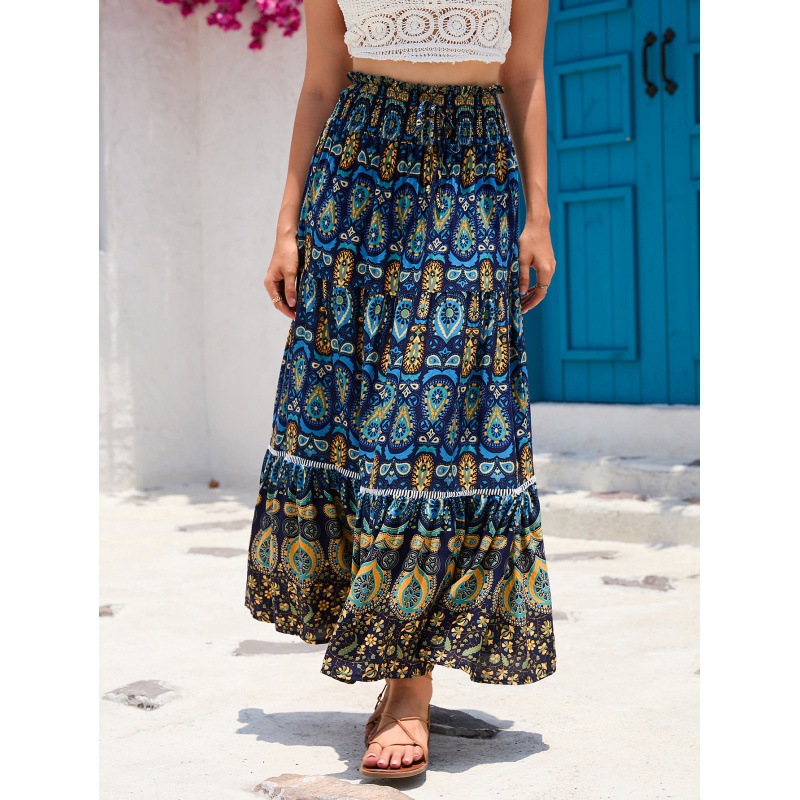 Foreign Trade Women's Ethnic Style Printed Skirt Bohemian Beach Skirt Women's Hollow Lace Stitching Large Swing Long Skirt