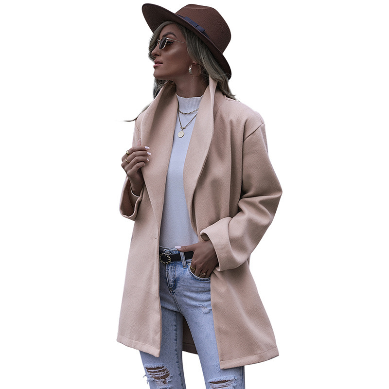 wish Amazon Cross-border European and American Women's Autumn and Winter Coat Fashion Lapel Long Woolen Coat Women