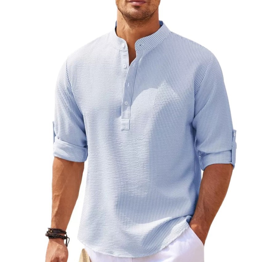 2023 European and American men's shirt long sleeve stand collar open button pineapple plaid shirt men's casual shirt top wholesale
