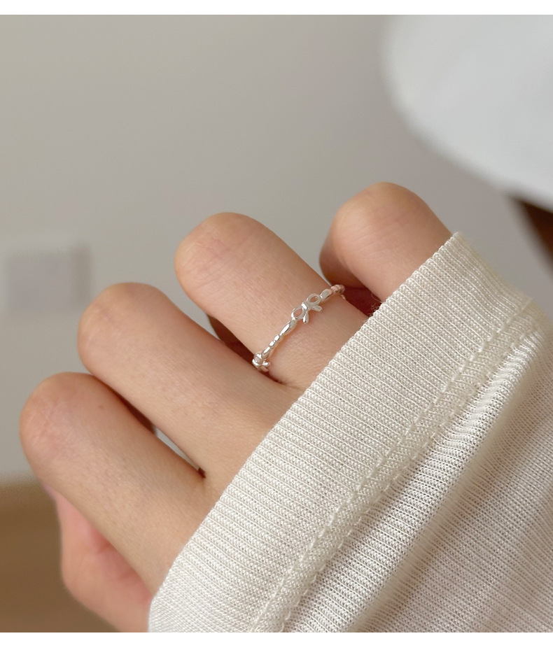 Sterling Sëlwer Schleifenring Damen Einfache Séiss Léif Dame Elegant Klengen Distinguéierten Oppene Ring 0020_voghion.com