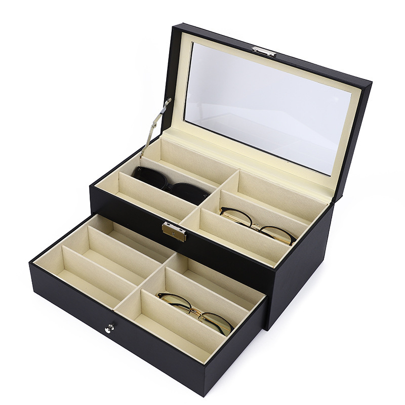Household Collection 12-grid wooden pu leather glasses storage box glasses case display box double-layer glasses storage box leather