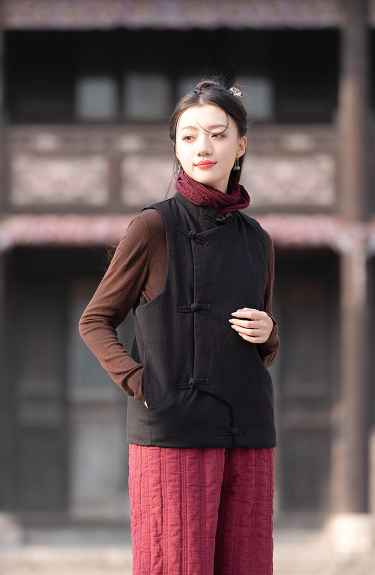 23 cotton and linen women's clothing New National style vintage buckle cotton vest top women's sand wash linen quilted warm vest_voghion.com