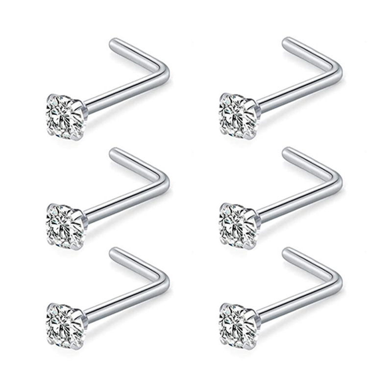 Amazon stainless steel claw zircon G23 nose nail L-shaped straight nose ring titanium alloy nose ring bag drill nose ring 0.8mm