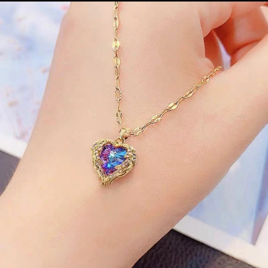 Titanium Steel Ocean Heart Titanium Steel Necklace Women's Full Diamond Colorful Crystal Pendant Clavicle Chain Trend Short Sweater Chain -319