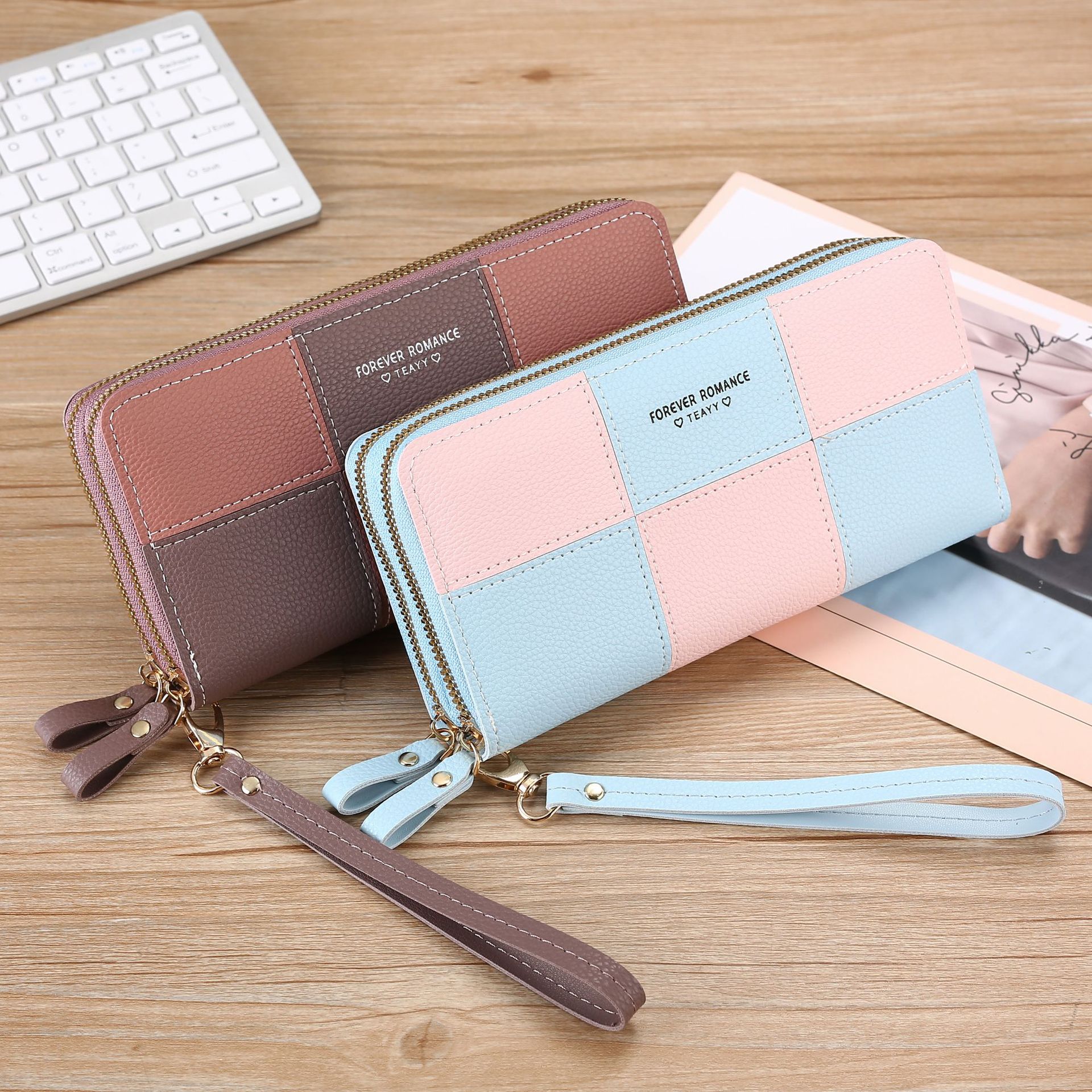Wallet Girl's Long Hand Wallet Women's 2023 New Three-color Stitching Simple Zipper Mobile Phone Bag Wallet Wallet