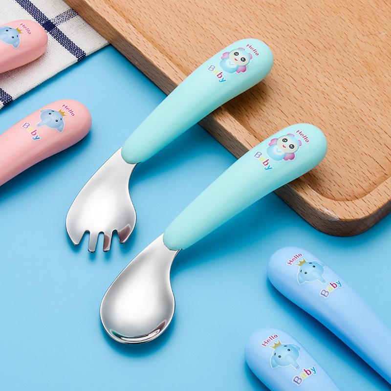 Factory direct Nordic three-color curved spoon Fork creative pattern set Children Baby curved spoon baby spoon wholesale