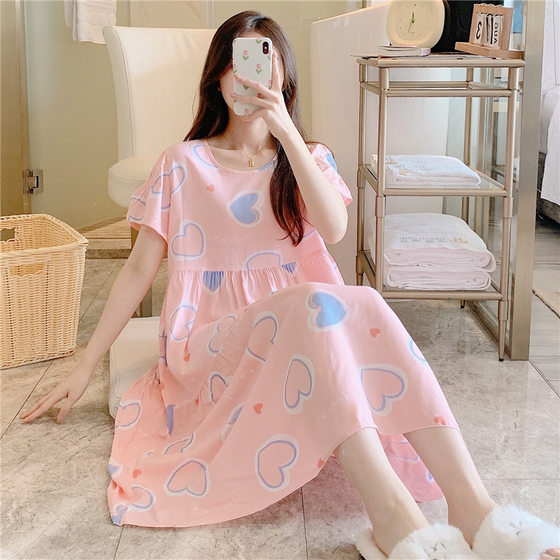 Cotton Silk Nightgown Women's Summer Plus Size Foreign Trade Printed Pajamas Thin High-end Loose Cotton Outer Wearing Skirt