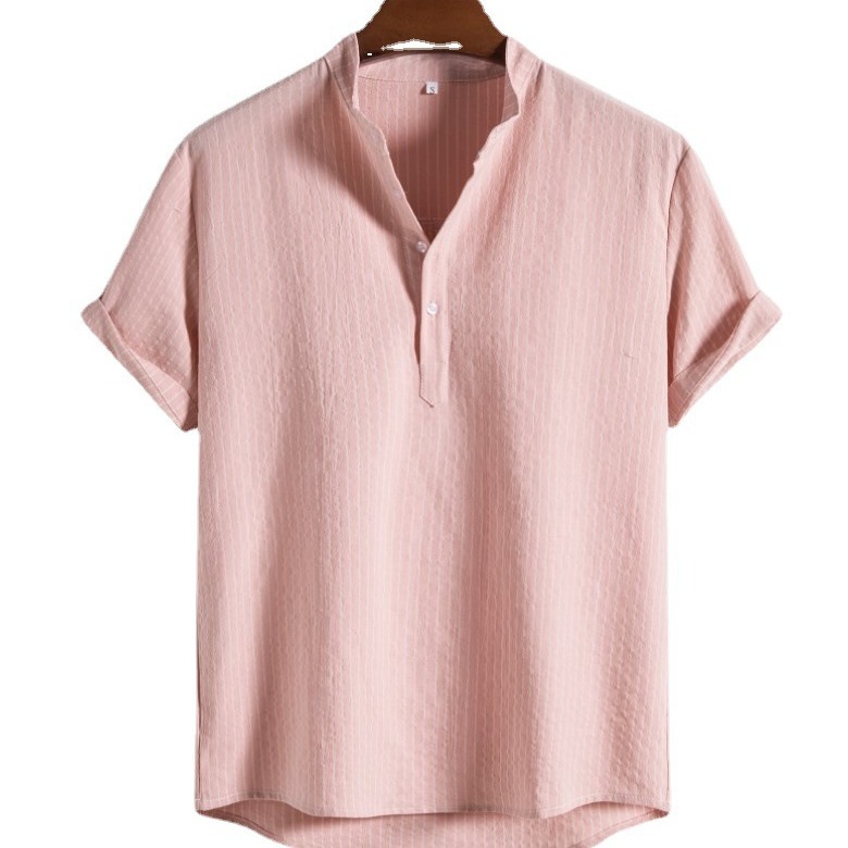 Cotton Linen Short-sleeved T-shirt Men's Summer Foreign Trade Youth Loose Striped Sports Short-sleeved Pullover Stand Collar Polo Men's T-shirt