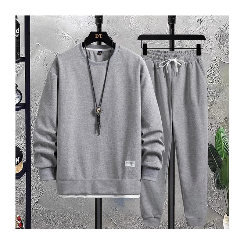 2023 trendy brand waffle fake two-piece sweater men's autumn youth loose round neck long sleeve T-shirt men's wholesale