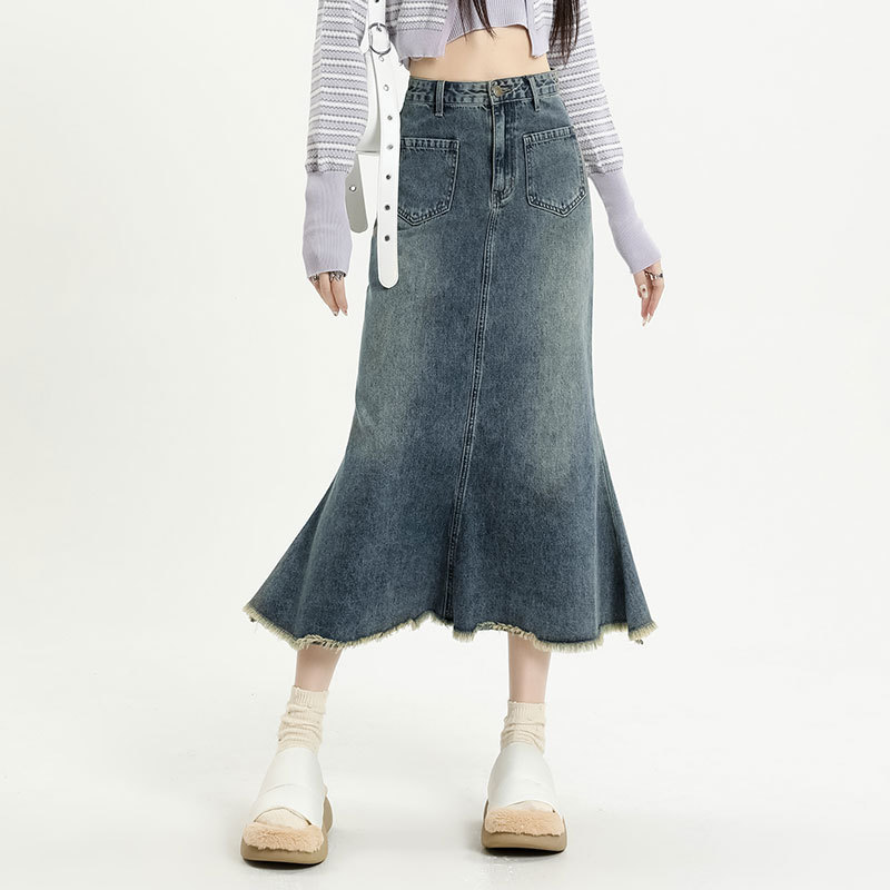 Vintage Denim Skirt Women's Summer 2023 New Design High Waist Slim A- line Hip Fishtail Skirt