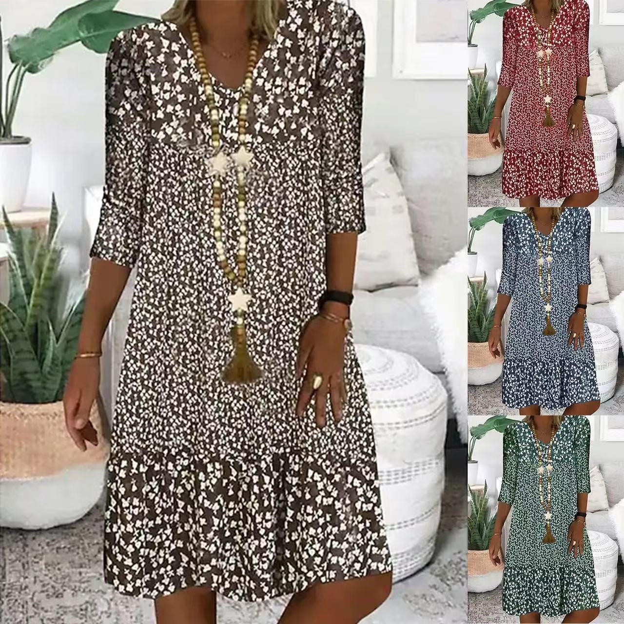 2024 Summer New Printed Mid-sleeve V-neck Mid-length Dress for Women