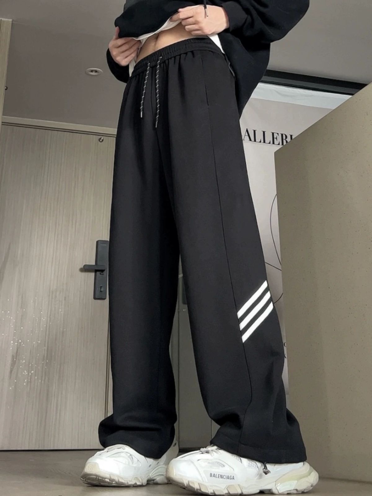 Spring and Autumn Loose All-match Straight Leg Grey Heavy Couple Sweatpants Men's Drawstring Striped High Street Casual Sports Pants