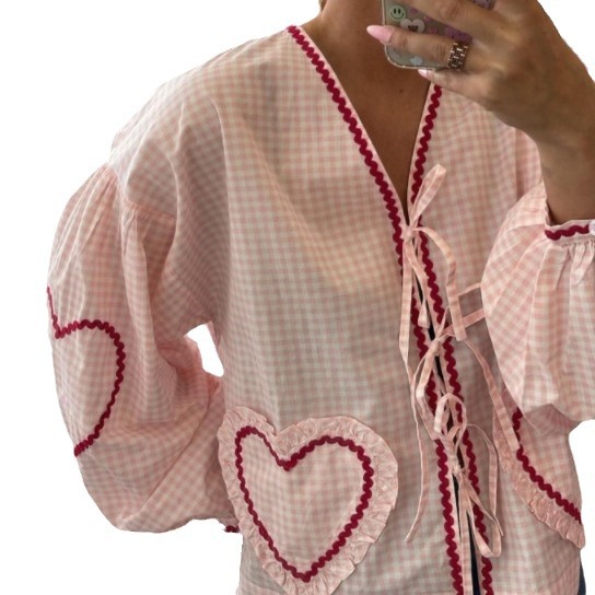 European and American Cross-border Explosions 2024 New Plaid V-neck Shirt Love Pocket Lace-up Long Sleeve Loose Top