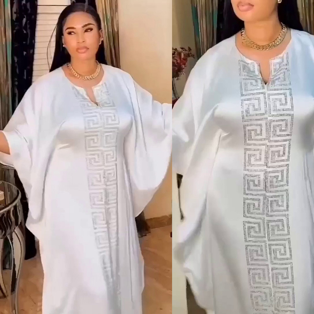 2023 African Women Dress Large Size Bat Sleeve V-Neck Robe Rayon Hot Drilling Source Spot