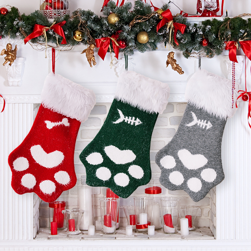 Noel süsleri peluş kedi pençesi Noel çorapları çocuk hediye çorapları Noel tatili atmosferi dekorasyonu_voghion.com