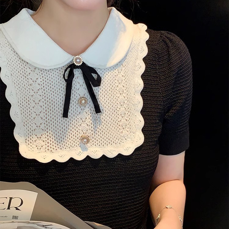 2024 Summer New French KniTwear ShorT-sleeved T-shirT Women's Doll Collar Bow Top SweeT Age ReducTion
